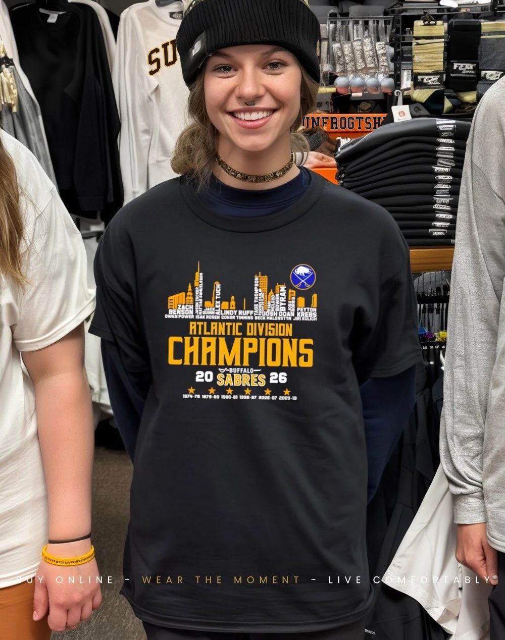 Buffalo Sabres 2026 Atlantic Division Champions 6 time players names city skyline shirt