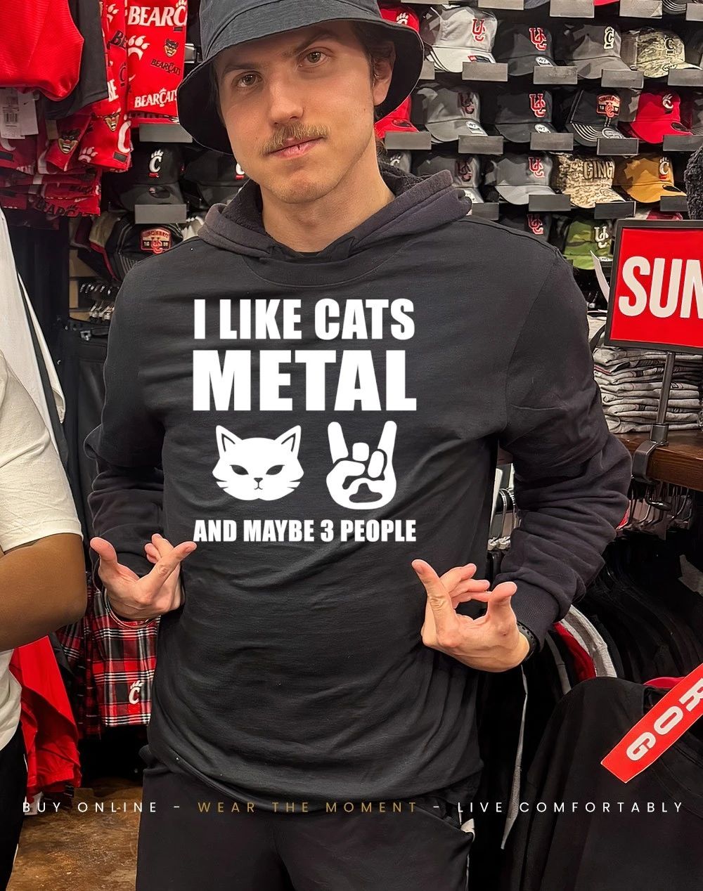 Rock hand sign I like Cats metal and maybe 3 people shirt