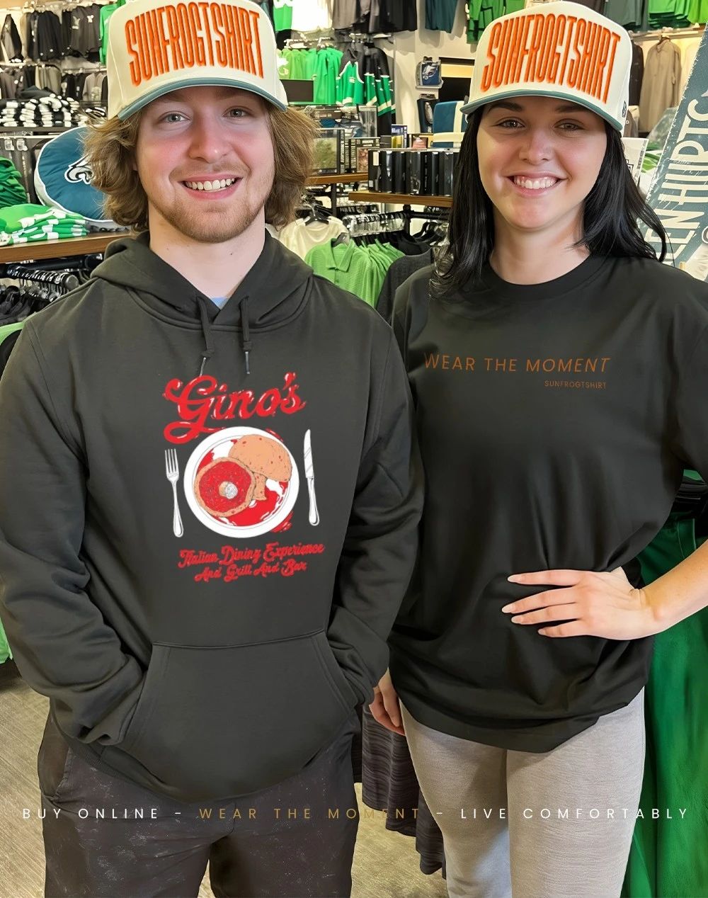 Gino’s Italian dining experience and girl and bar shirt