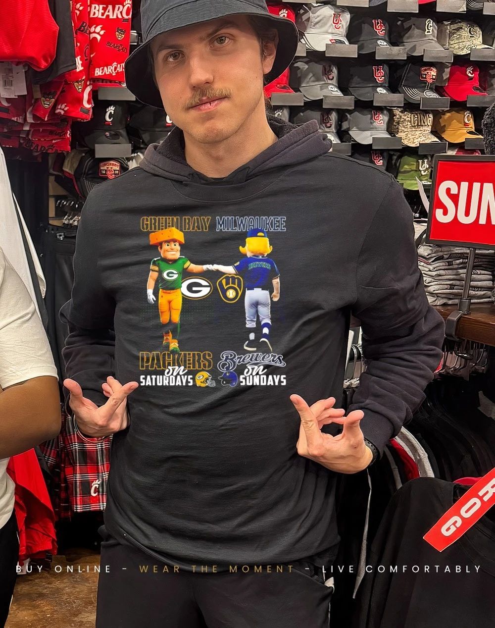 Green Bay Packers on Saturdays vs Milwaukee Brewers on Sundays mascot city skyline shirt