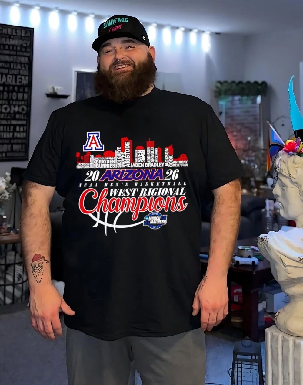 Arizona Wildcats Men’s Basketball 2026 West Regional Champions player name city skyline shirt