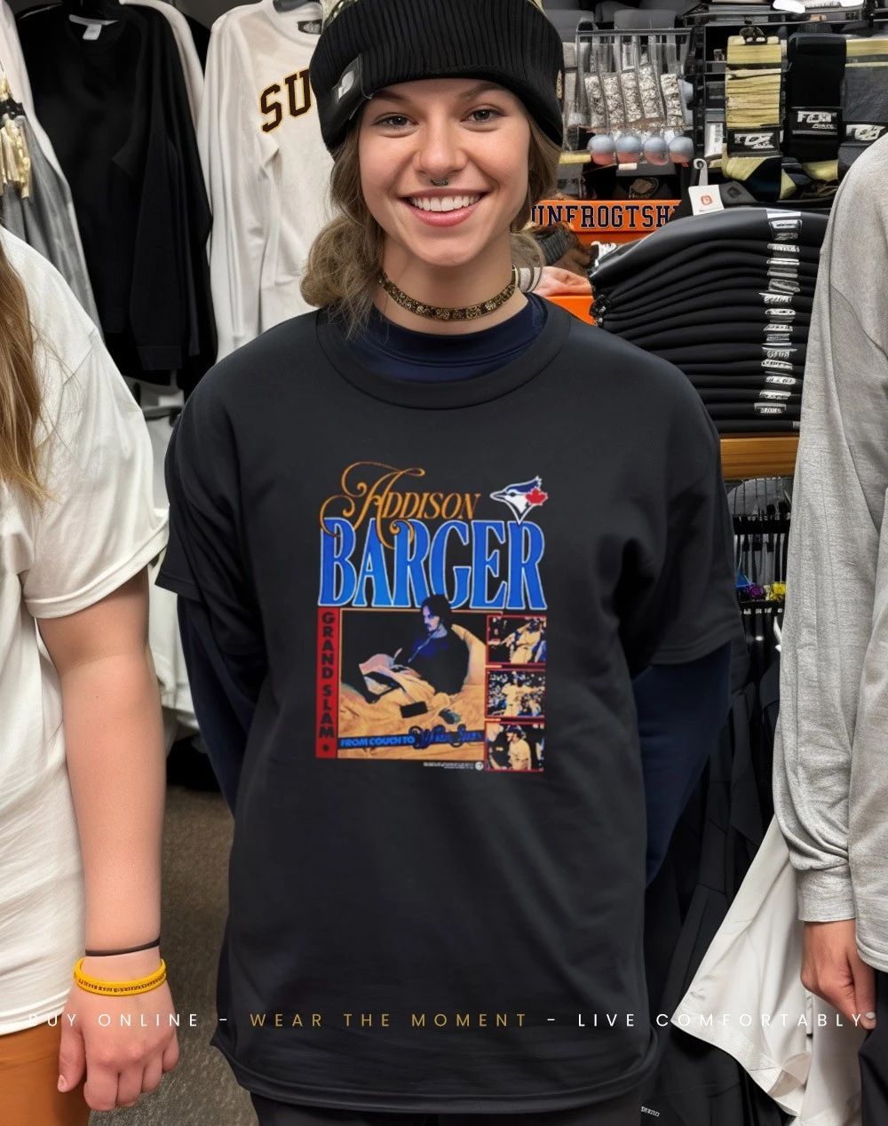 Addison Barger Couch Toronto Blue Jays logo shirt