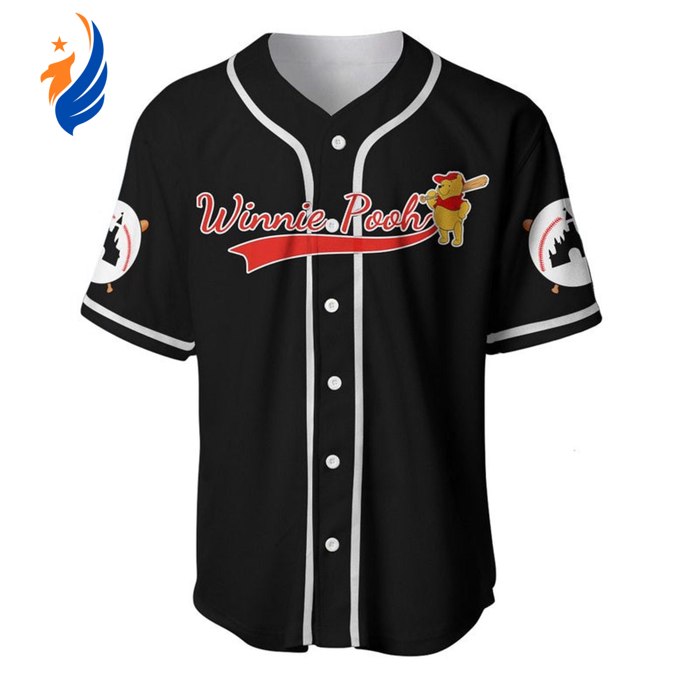 Winnie Pooh Cartoon Graphics All Over Print Black Unisex Baseball Jersey - Trendy Unisex Shirt - Bafud